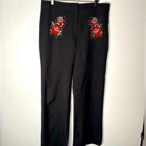 TOPSHOP BLACK TROUSERS WITH BEADED ROSE APPLIQUÉS ON FRONT NWT 12